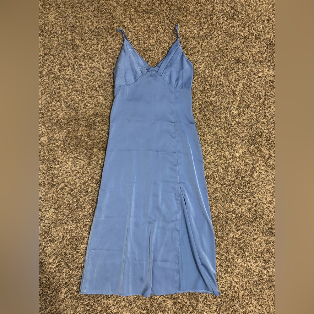 Dusty Blue Satin Midi Slip Dress with Side Slit - Size Small/2